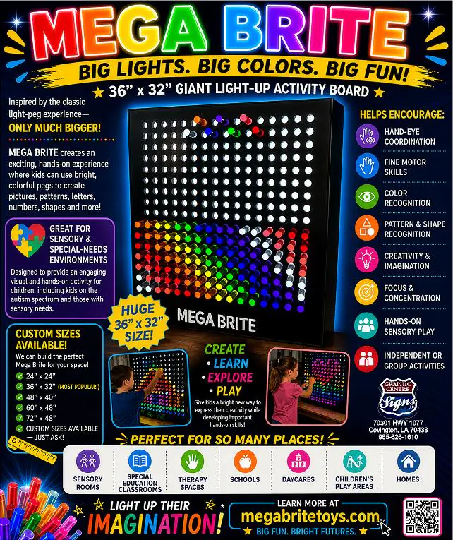Mega Brite giant light-up activity board with sizes, benefits and contact information